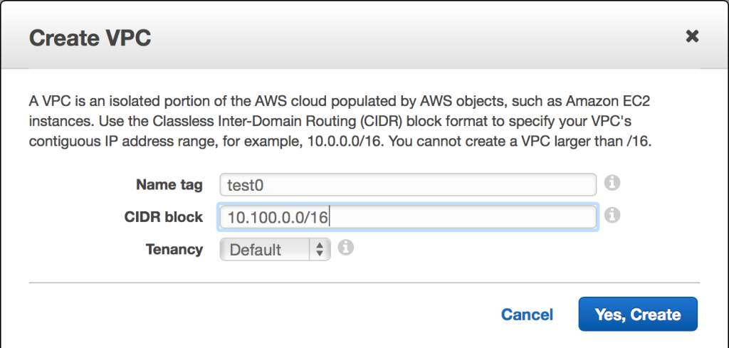 Create VPC Dialog